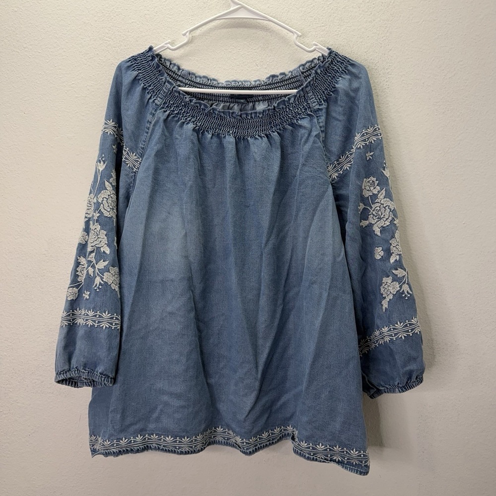 J. JILL Denim Chambray Embroidered Blue Peasant Top SZ XL Boho Off The Shoulder